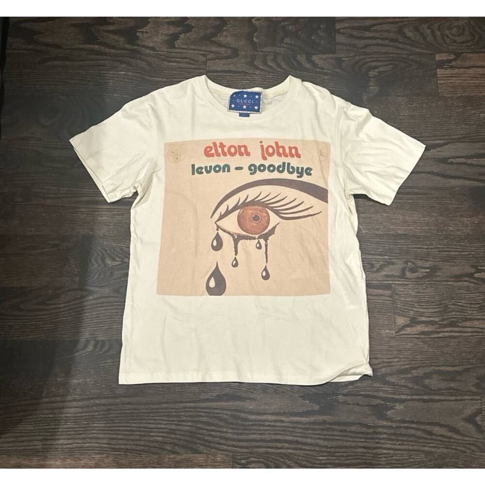 Gucci Elton John Print T-Shirt Tan Beige Size Medium